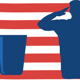 A veteran with a cup of coffee in front of am american flag